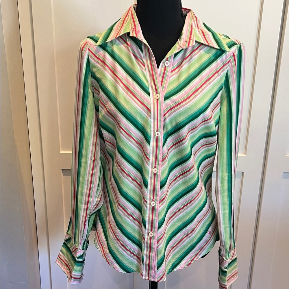 Vintage Tommy Hilfiger Green and Pink Striped Button-Down Shirt Size M